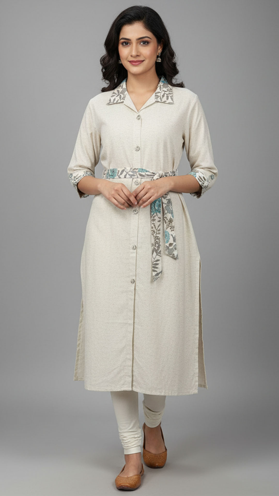 beige cotton linen blend shirt kurti with teal floral detail & tie belt