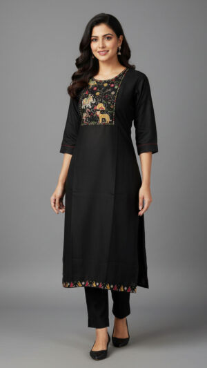 black embroidered jungle motif kurti