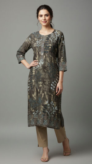 brown multicolor printed rayon kurti