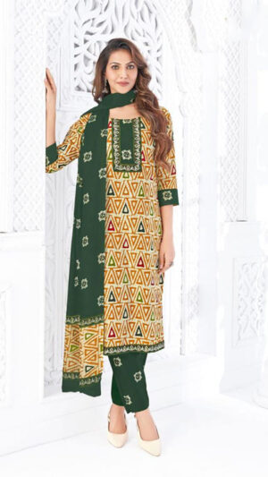 Teal Green Printed Cotton Kurti Set geometric print green & mustard cotton 3 piece set