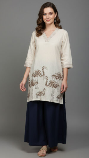 elegant-beige-flamingo-art-cotton-tunic