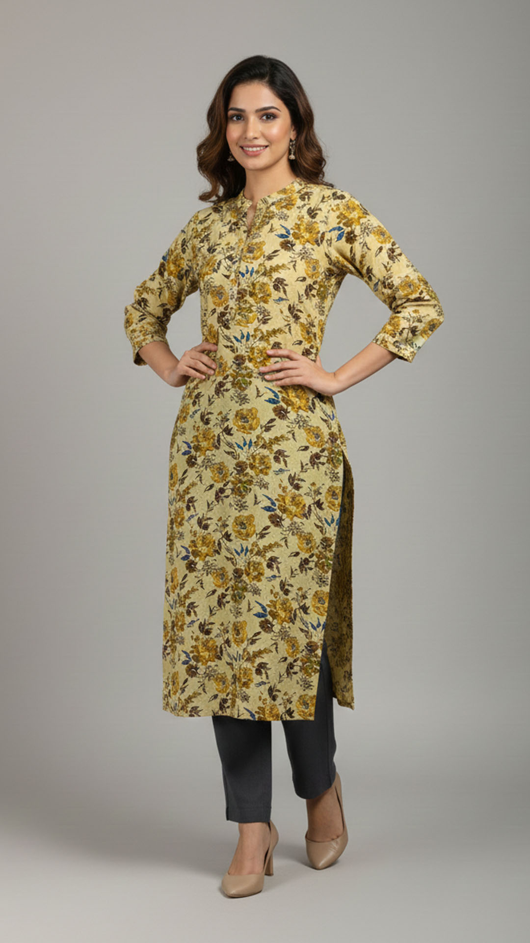 floral mustard yellow rayon kurti