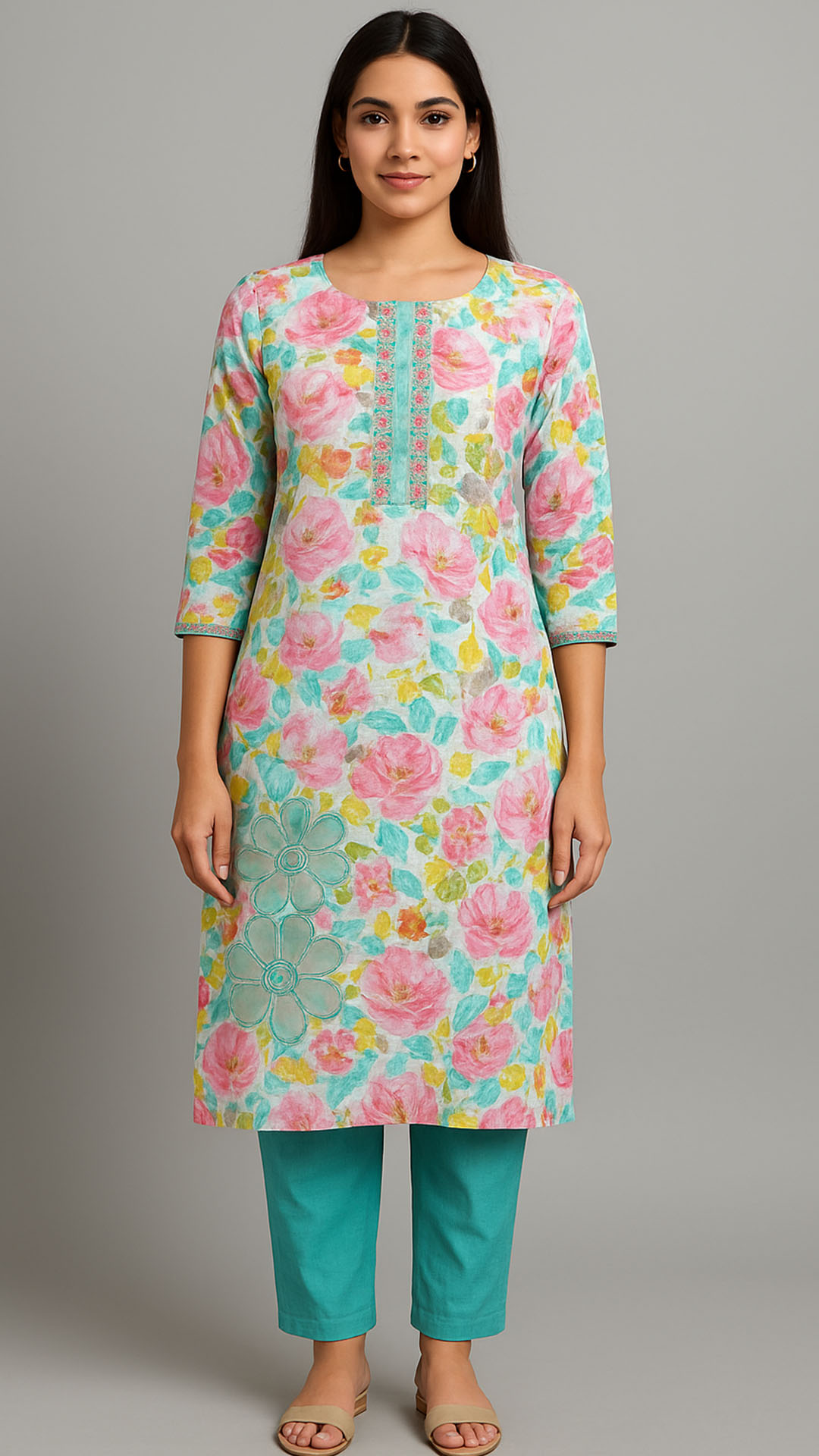 floral printed rayon kurti with front embroidery floral printed rayon kurti with front embroidery