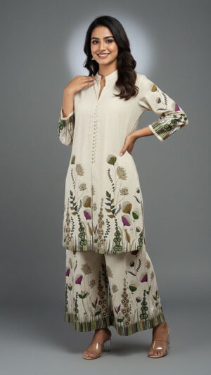 ivory floral printed 2 piece co ord set