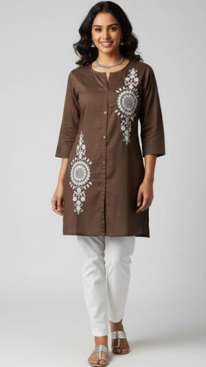 chocolate brown embroidered front open kurti