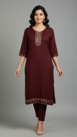 Maroon Embroidered Textured Rayon Front-Open Kurti maroon embroidered rayon straight kurti with sequin detailing