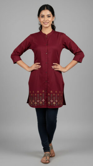 maroon-embroidered-textured-rayon-front-open-kurti