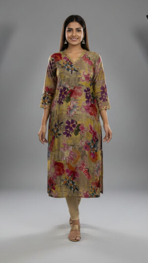 multicolor floral printed embroidered neck kurti