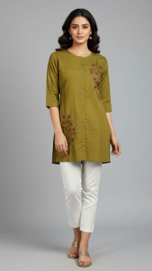 olive green textured rayon embroidered front open kurti