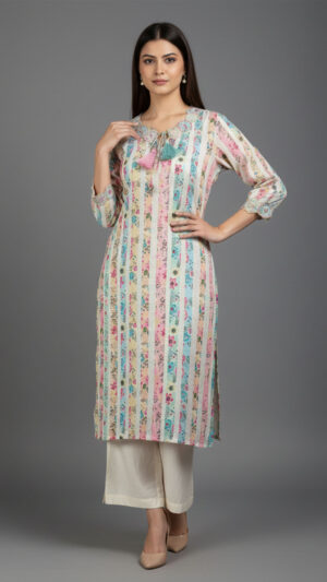 pastel floral striped soft cotton kurti with lace neck & tassels