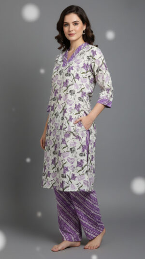 purple floral printed rayon kurti with matching pant