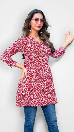 red & white floral print short kurti