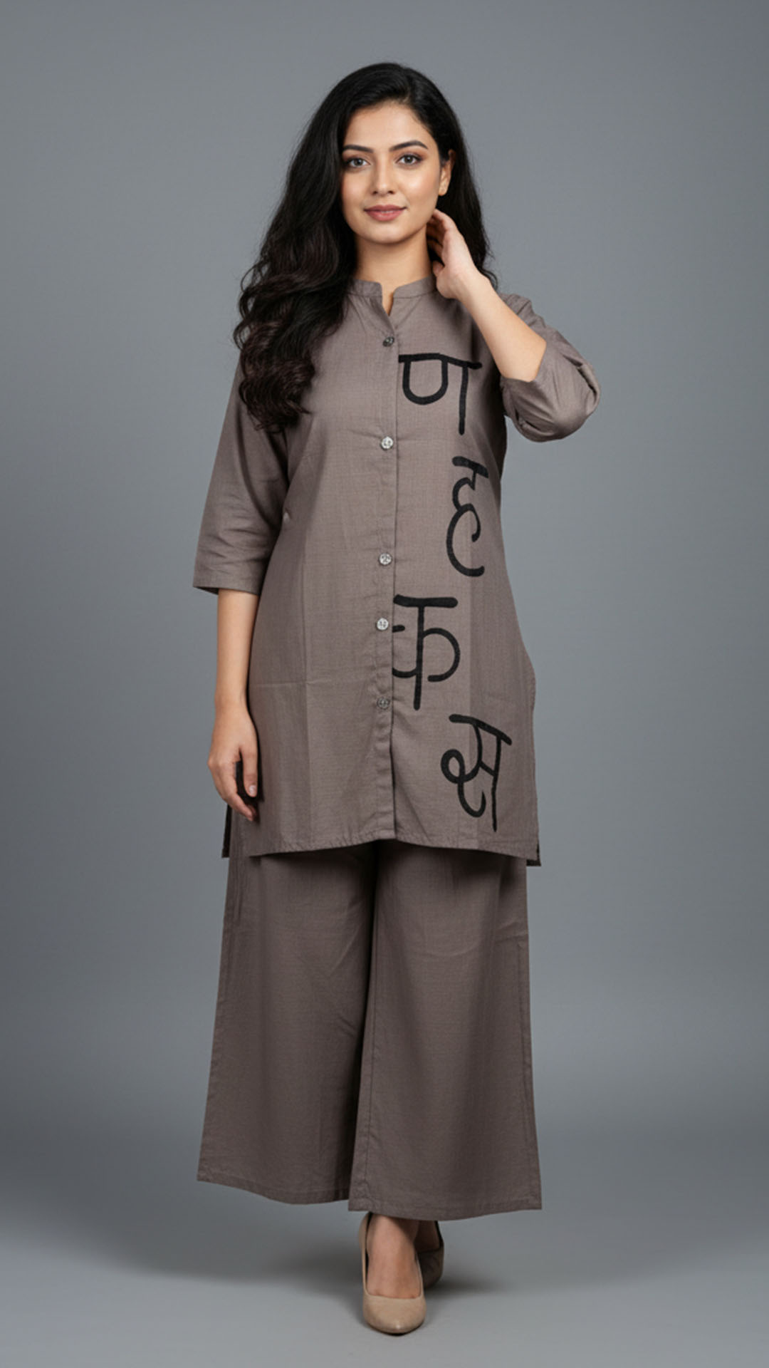 taupe textured rayon front open co ord set bold hindi letter embroidery