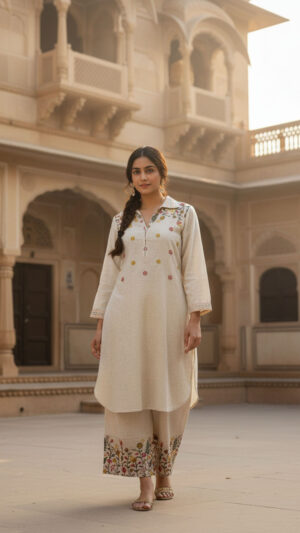 beige-floral-embroidered-cotton-kurti-pant-set