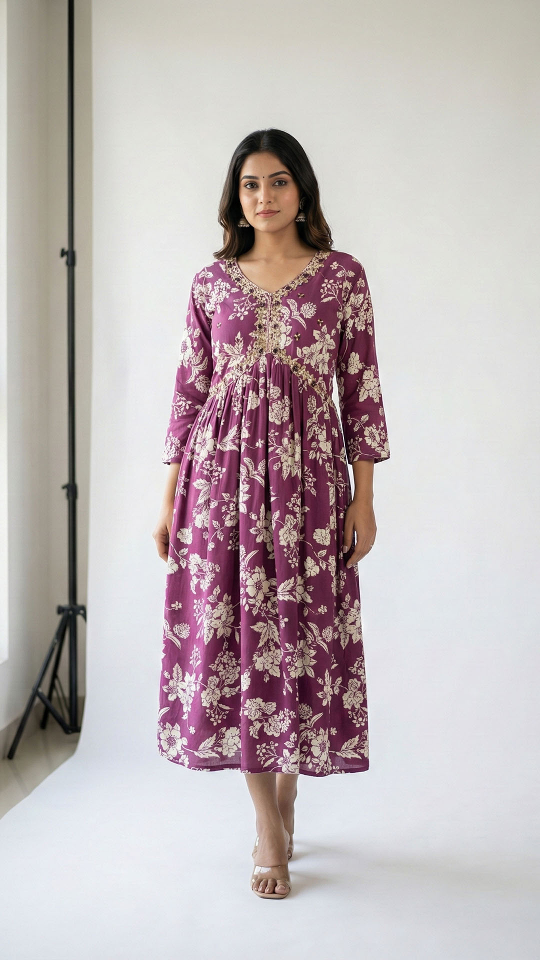 wine floral a line kurti with golden embroidery