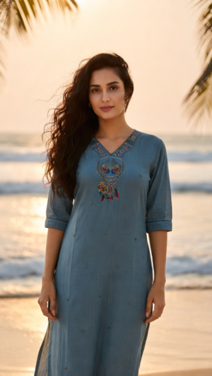 teal-blue-cotton-kurti-with-handcrafted-elephant-embroidery
